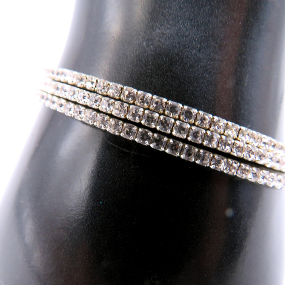 Silver Tone Triple Row Rhinestone Coil Wrap Memory Wire Tennis Bracelet